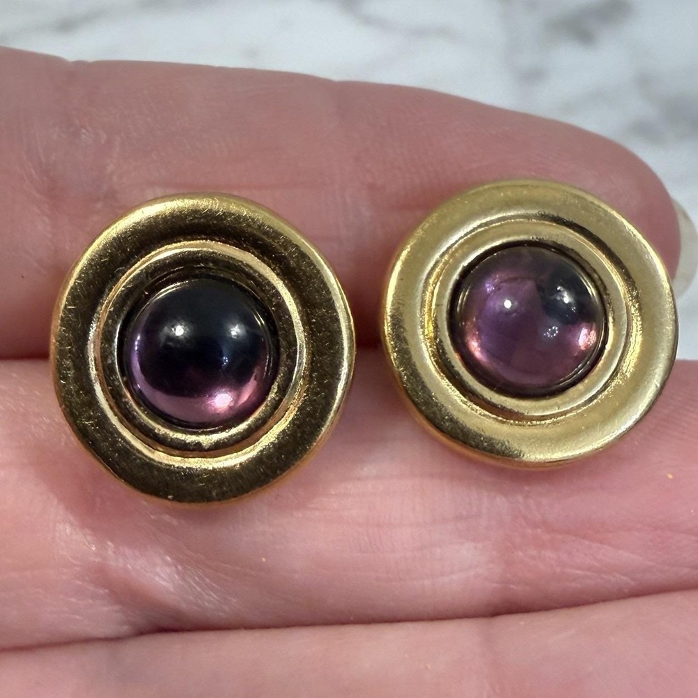 Vintage Gold Tone Round Purple Jelly Lucite Cabochon Post Earrings Pierced